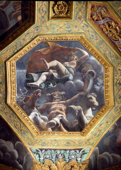 Neptune and a Water Nymph, Ceiling Caisson from the Sala di Amore e Psiche, 1528 by Giulio Romano